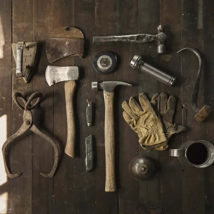 Hand tools on a wooden bench
